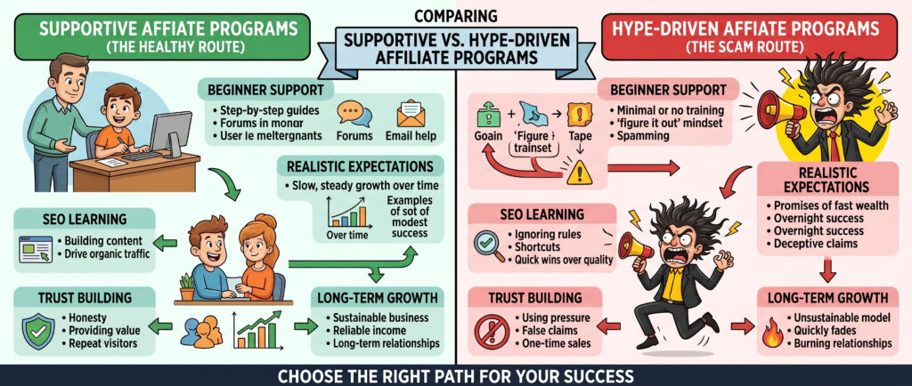 supportive affiliate programs versus hype driven programs