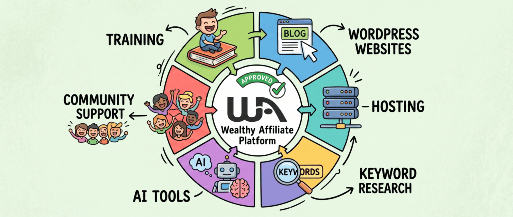 Wealthy Affiliate features diagram showing training, WordPress hosting, keyword research, AI tools, and community support.