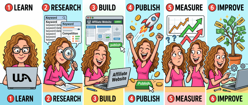 Wealthy Affiliate learning process from training and research to building, publishing, measuring, and improving an affiliate website.