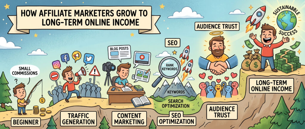 how affiliate marketers build long term income