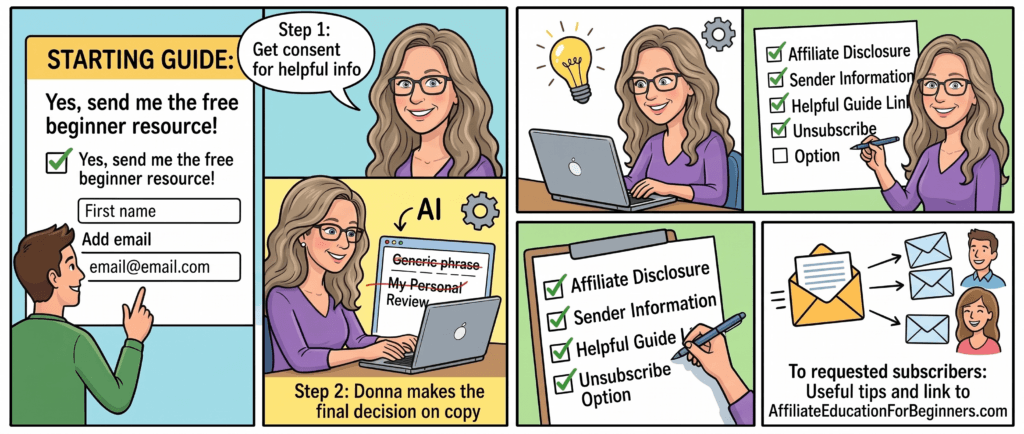 Donna checks subscriber permission, reviews an AI-assisted email, confirms the disclosure and unsubscribe option, and sends the approved message.