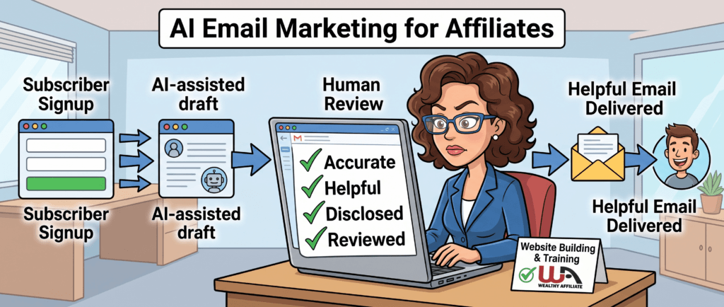 Donna reviews an AI-assisted affiliate email for accuracy, helpfulness, disclosure, and reader trust before it is sent.