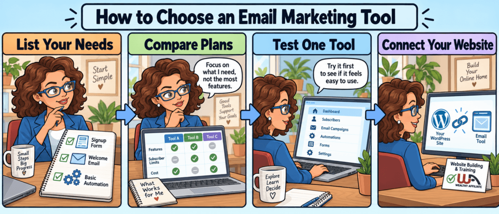 Four-step guide showing Donna listing her email needs, comparing plans, testing one tool, and connecting it to her WordPress website.