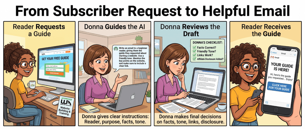Four-step workflow showing a reader requesting a guide, Donna directing AI, Donna reviewing the email, and the reader receiving the approved resource.