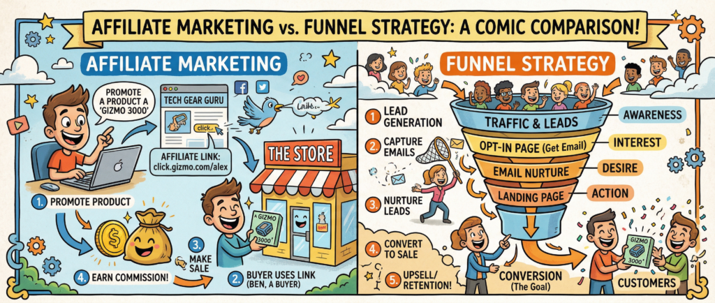 affiliate marketing vs funnel marketing strategy comparison