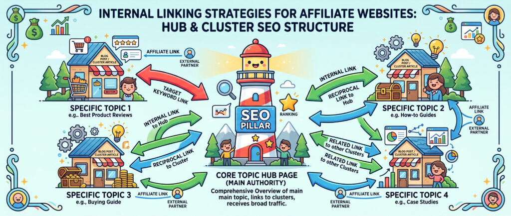 internal linking hub and cluster seo structure for affiliate websites