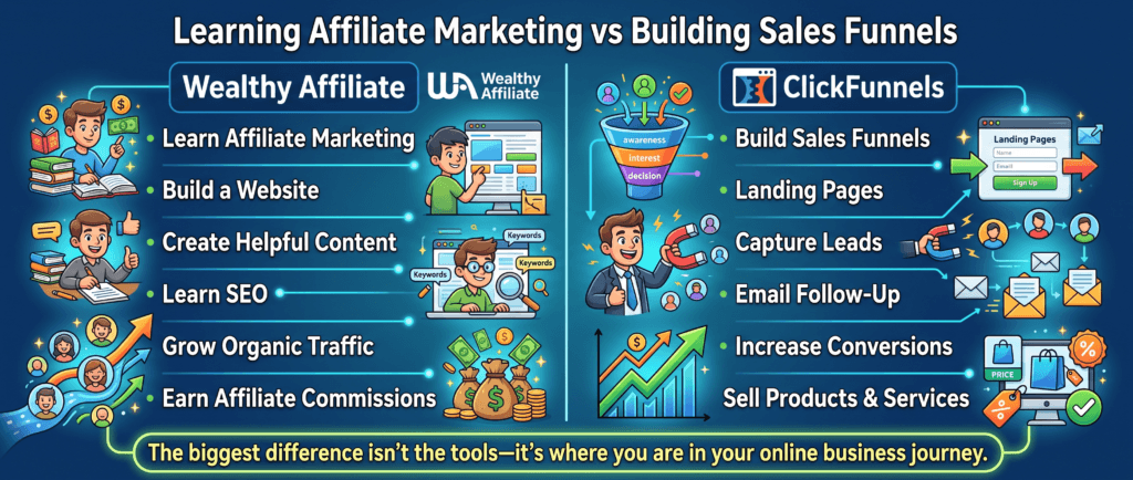 wealthy affiliate versus clickfunnels comparison for beginners