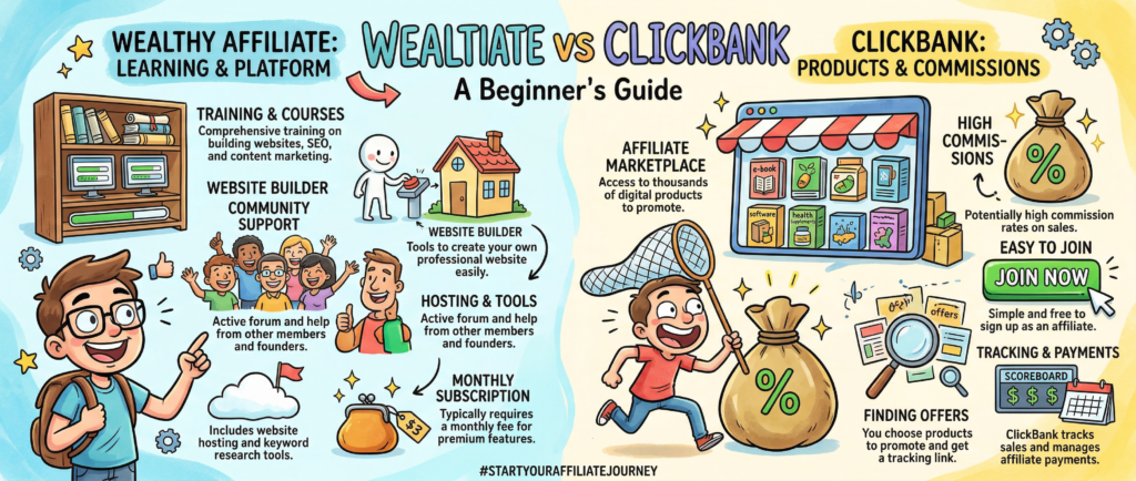 wealthy affiliate vs clickbank comparison for beginners