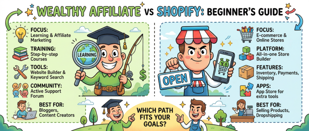 wealthy affiliate vs shopify comparison for beginners