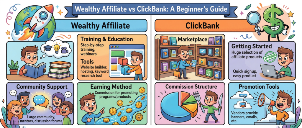 Wealthy Affiliate vs ClickBank side by side comparison for beginners