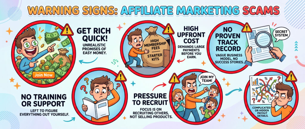 affiliate marketing scam warning signs infographic
