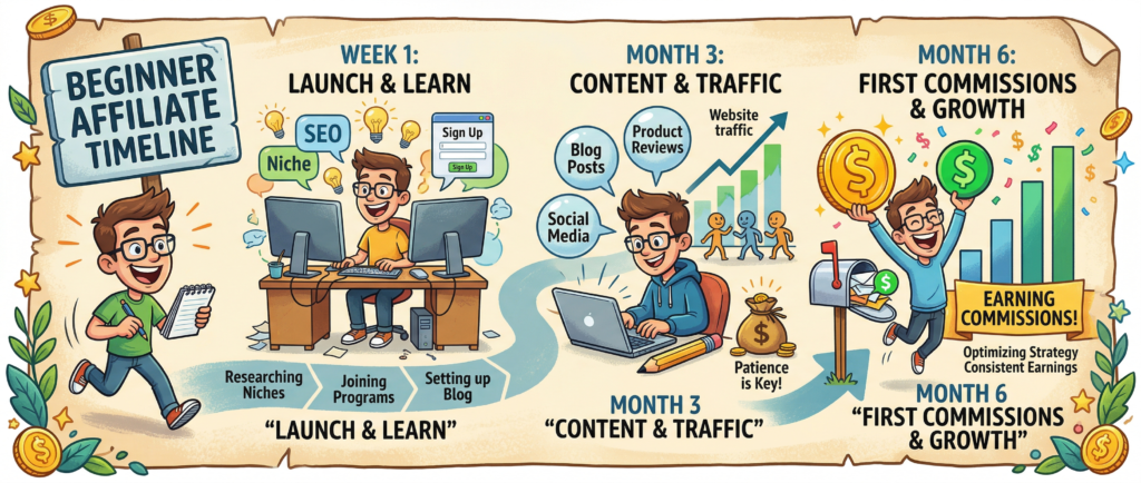 affiliate marketing timeline for beginners first commission