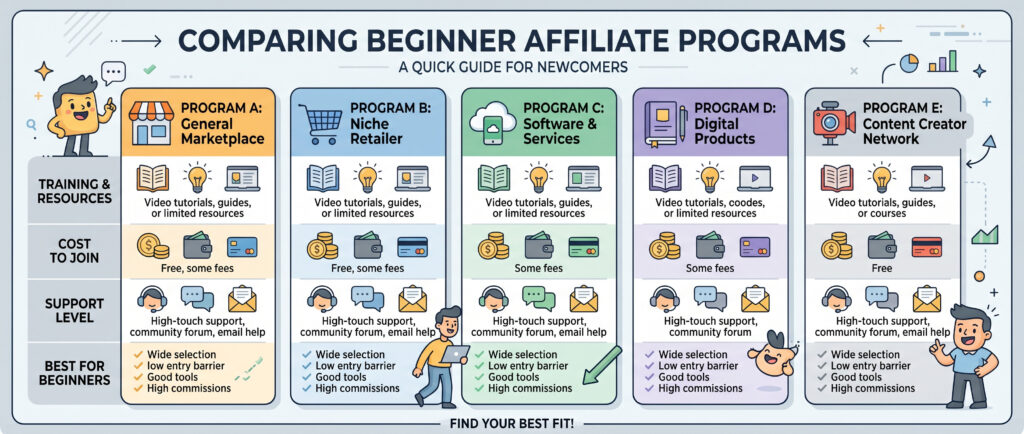 best affiliate programs for beginners comparison infographic