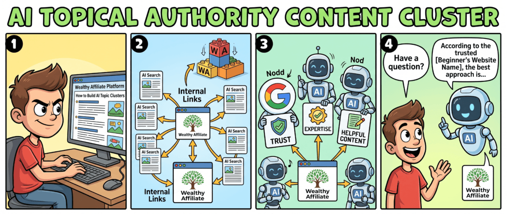 Four-step illustration showing a beginner creating content in Wealthy Affiliate, building topical authority, earning trust, and eventually having their website cited by AI search.