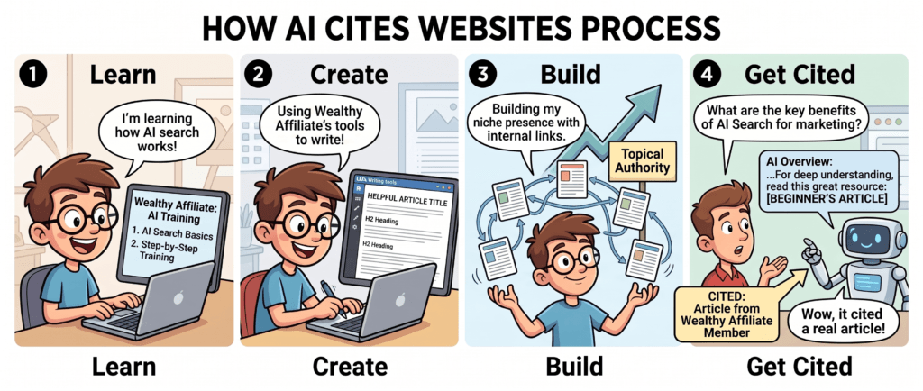 Four-step process showing a beginner learning, creating content, building topical authority, and earning AI citations with Wealthy Affiliate.