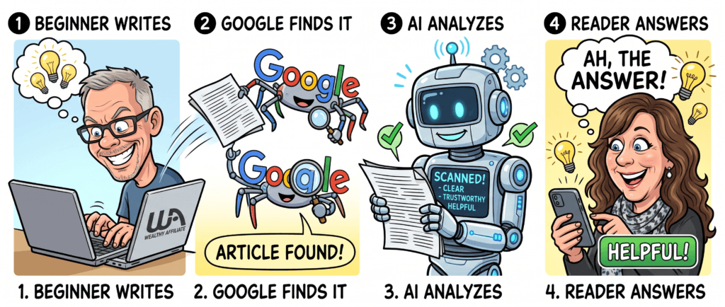 Illustration showing a beginner publishing content in Wealthy Affiliate that is discovered by Google, understood by AI, and presented to a reader as a helpful answer.
