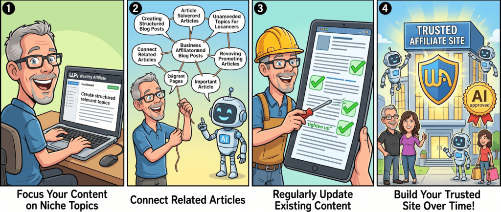 Illustration showing a beginner using Wealthy Affiliate to create connected, helpful content that builds trust with readers and improves visibility in AI search.