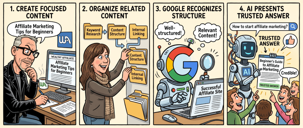 Illustration showing a beginner using Wealthy Affiliate to publish focused content that is organized into related topics and recognized by Google and AI as trustworthy.