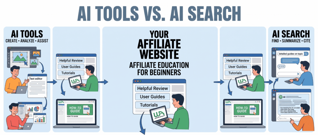 Diagram showing AI tools assisting content creation, an affiliate website publishing the content, and AI search finding or summarizing it.