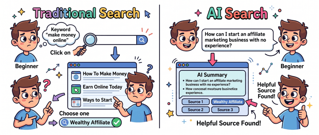 Different user journeys through traditional search and AI search