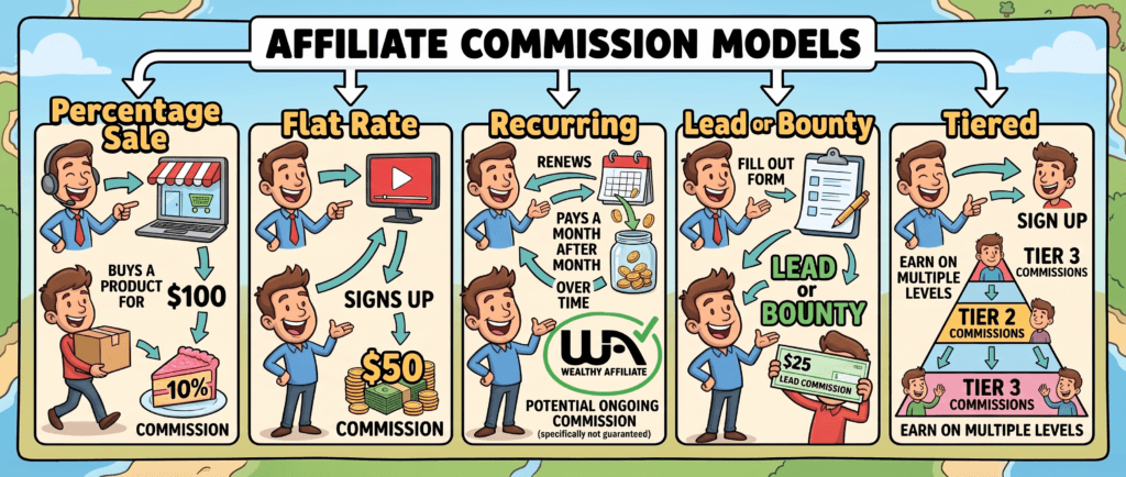 Five common affiliate commission models beginners may encounter.