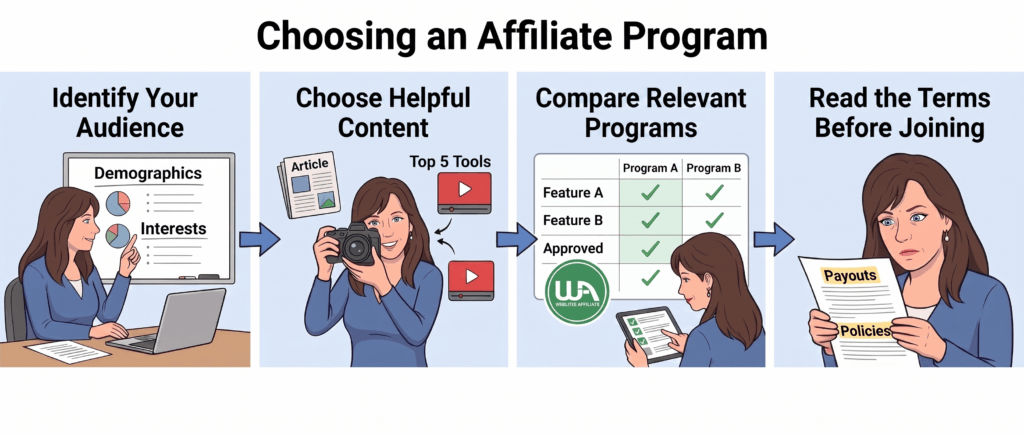 Four-step process for choosing an affiliate program based on audience fit.