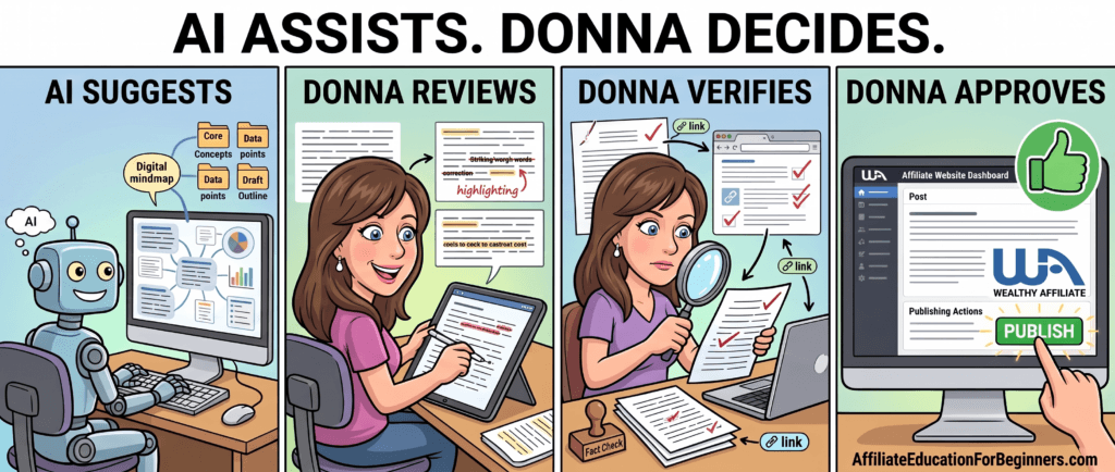 Four-step process showing AI suggesting ideas and Donna reviewing, verifying, and approving the final content.