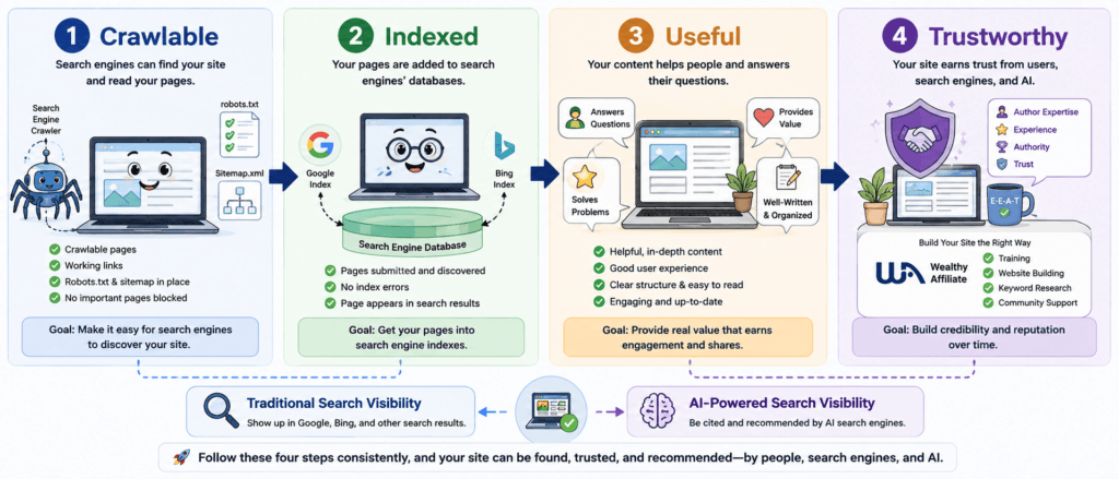  Four-step process showing crawlability, indexing, useful content, and trustworthy support