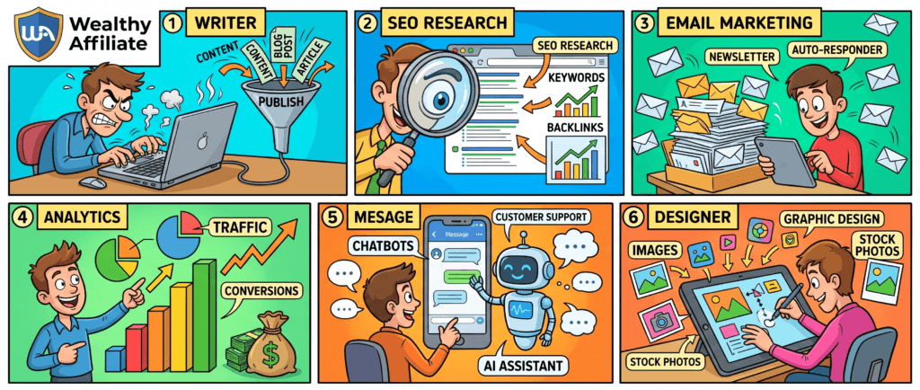 Six categories of AI tools used in a beginner affiliate-marketing workflow.