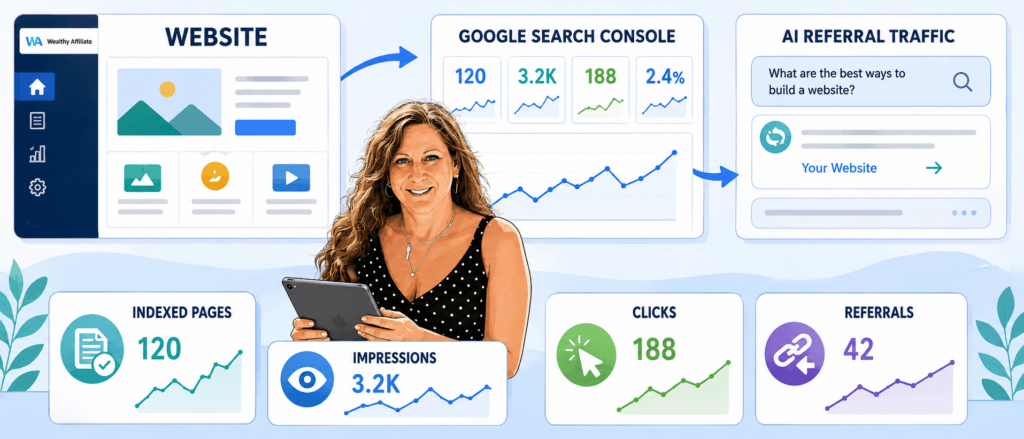  Website performance dashboard showing indexing, impressions, clicks, citations, and referral traffic