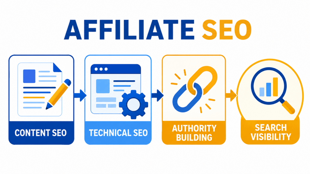 Diagram showing content SEO, technical SEO, and authority building leading to search visibility.